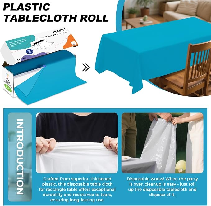 54IN X 320FT Plastic Table Cover Roll with Cutter Box, Cut to Size Plastic Table Cloths for Parties, Birthday, Disposable Tablecloth Roll for All Shape Tables (Turquoise, 54 Inch X 320 Feet)