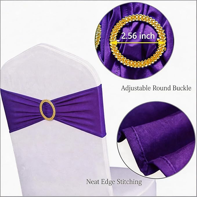 Pack of 50 Spandex Purple Chair Sashes with Gold Buckles, Stretch Chairs Sashes for Wedding Party Baby Shower Ceremony Event Decorations Chair Bands Bows (Purple Sashes, Gold Buckles)