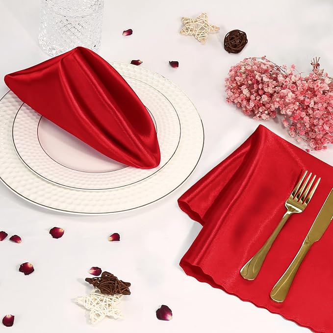 60 Pieces Red Satin Napkins 20x20 Inches Satin Cloth Napkins, Square Satin Napkins with Scalloped Edges, Elegant & Silky Table Napkins for Restaurant Banquet Wedding