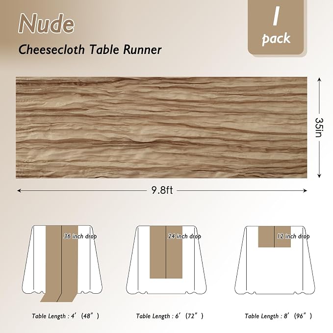 6 Pack Nude Cheesecloth Table Runner 120 Inch 10FT Cheese Cloth Fabric Runners for Wedding Decoration, Boho Decor, Retro Decoration