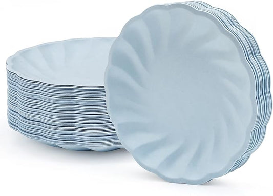 9" Disposable Paper Plates 50 Pcs Scalloped Paper Trays 100% Biodegradable Blue Dessert Plates Party Platters for Everyday Meals, Birthday, Picnic and Wedding