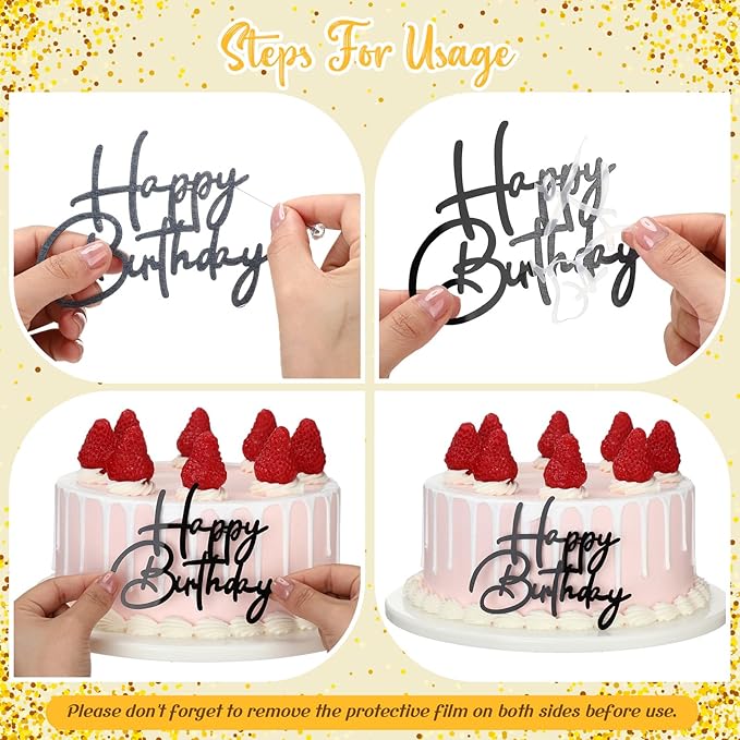 Barydat 50 Pcs Happy Birthday Cake Toppers Bulk Mirror Acrylic Cupcake Topper Cupcake Decorations Happy Birthday Sign for Cake Side Inserts Decor Party Supplies 10 Style(Black)