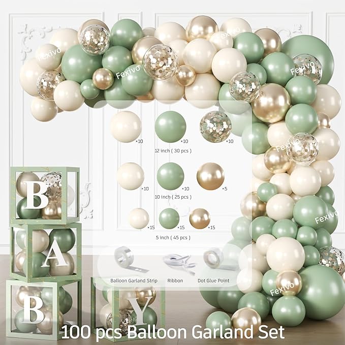 286 Pcs Sage Green Baby Shower Decorations Set-Serves 25 Guests -All-in-One Gender Neutral Party Supplies Kit Includes Balloon Arch, Backdrop, Tableware Set, and Sash