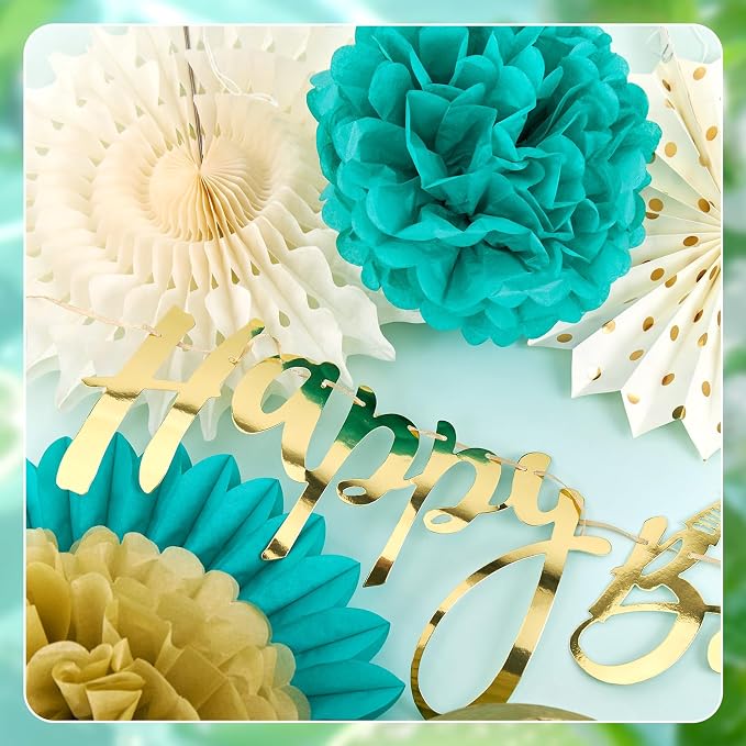 SUNBEAUTY Teal and Gold Party Decorations Teal Birthday Decorations for Women Teal Blue Hanging Paper Fans Tissue Pom Poms Happy Birthday Banner for Baby Showers Wedding Engagement Party