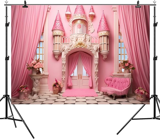 5x3ft Pink Castle Backdrop Room Door Curtain Photography Background Flowers Vases Sofa Princess Girl Birthday Banner Decorations Newborn Baby Shower Wedding Party Portrait Photo Booth Prop