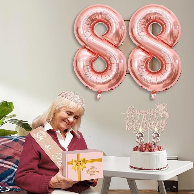 88th Birthday Decorations for Women, Including 88th Birthday Sash and Tiara, Cake Topper and Candles, Number Balloons, 88 Year Old Gifts for Women