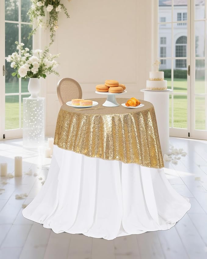 PartyDelight Sequin Tablecloth Round 50" Light Gold Table Topper for Wedding Party Birthday Bridal Baby Shower and Other Events Decorations