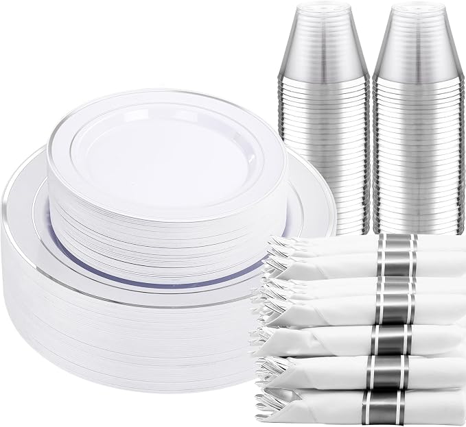 DaYammi 210PCS Silver Plastic Dinnerware Set for 30 Guests, Fancy Disposable Plates for Party, Include: 30 Dinner Plates, 30 Dessert Plates, 30 Pre Rolled Napkins with Silver Silverware, 30 Cups