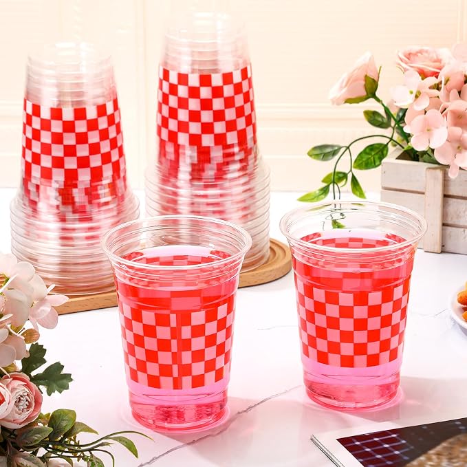 100 Pcs Red and White Checkered Cups 16 oz Disposable Red Gingham Plaid Plastic Cups Bulk for Picnic BBQ Decorations Racing Themed Birthday Party Supplies Carnival