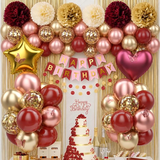 Burgundy Rose Gold Birthday Party Decorations 12INCH Wine Red Maroon Gold Balloons Happy Birthday Banner Cake Topper Fringe Curtain Paper Pom Poms Butterfly Sticker 18INCH Heart Star Foil Girls Women