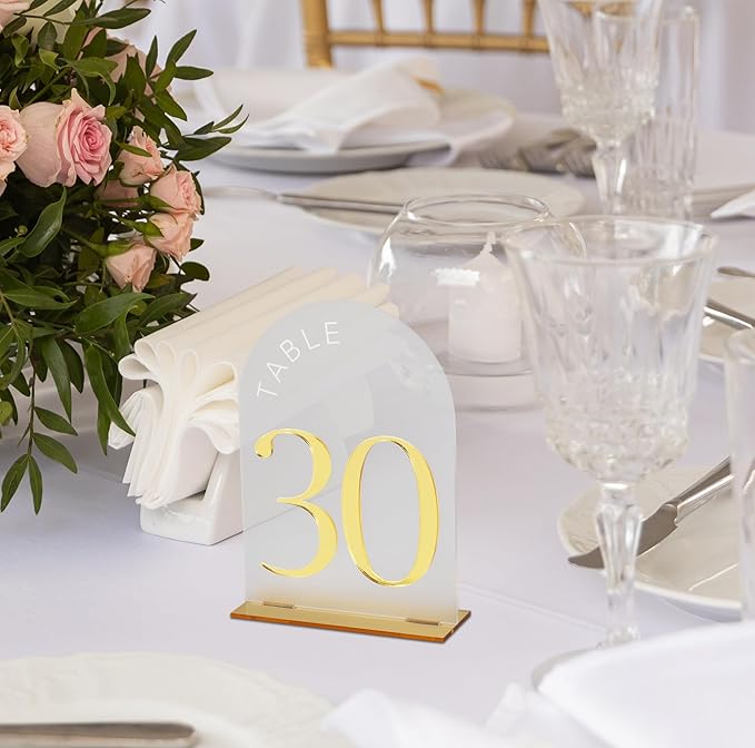 Frosted Arch Gold Table Numbers for Wedding Reception - Table numbers 1-30 - 5x7" Frosted Arch Acrylic Table Signs with Gold Mirror Numbers for Banquet, Party, Event, Anniversary (Table Numbers 1-30)