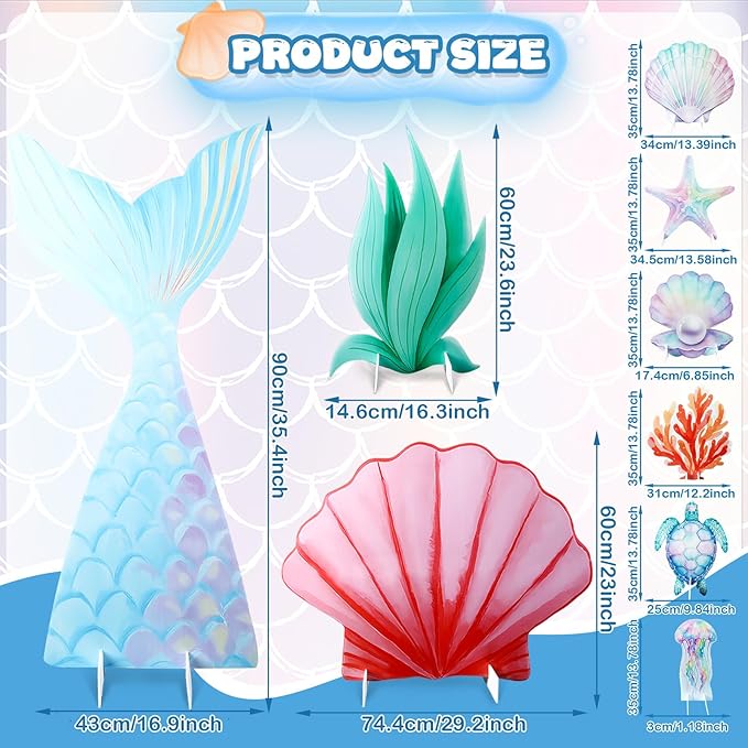 9 Pcs Large Under The Sea Party Decorations Mermaid Birthday Decorations, Ocean Theme Party Supplies, Shell, Starfish, Jellyfish, Seaweed, Coral Stand up Cardboard Cutouts for Baby Shower