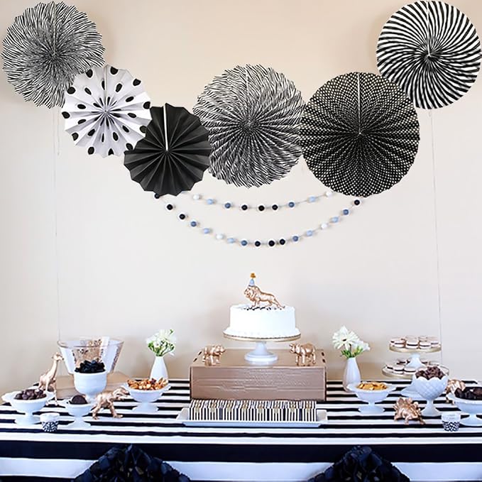 Party Hanging Paper Fans Set, Black Round Pattern Paper Garlands Decoration for Birthday Wedding Graduation Events Accessories, Set of 6