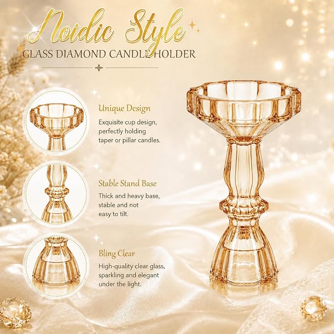 Sieral 24 Pcs Amber Taper Candle Holders 4'' Tall Candlestick Glass Holders Bulk Stripe Decorative Stand Wedding Stick Holder for Anniversary Party Dining Table Festival Decor