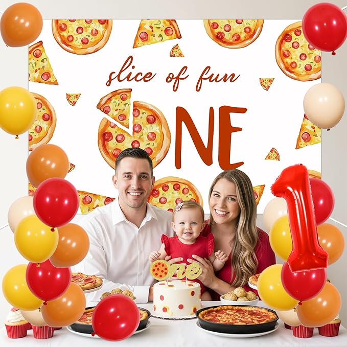 Pizza 1st Birthday Party Decorations - Pizza Theme 1st Birthday High Chair Banner and Photo Banner Slice of Fun Backdrop Fast Food Pizza Cake Topper Red Yellow Balloons for Kids First Bday Supplies