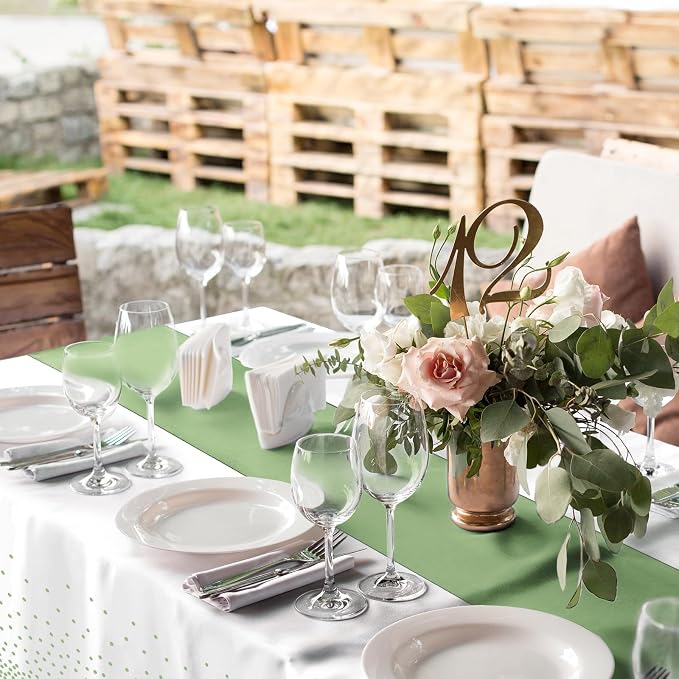 16Pack Plastic Tablecloths and Satin Table Runner Set Disposable White and Sage Green Dot Table Cloth Green Satin Table Runner for Wedding Birthday Baby Shower Anniversary Holiday Party Decorations