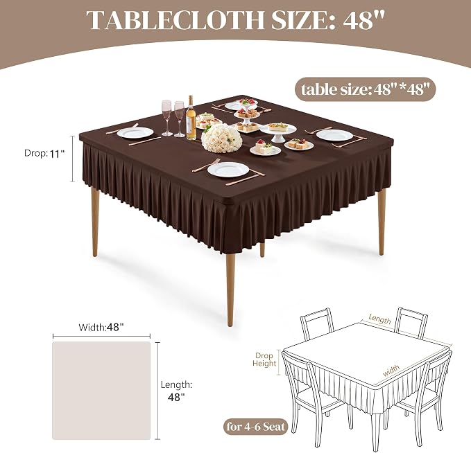 Wish Care Chocolate Spandex Tablecloths for 48x48 Inch Square Tables, Stretch Fitted Table Clothes with Pleated Ruffle Skirt for 48” Table, Wrinkle Free and Elastic, for Party Kitchen Home Dining