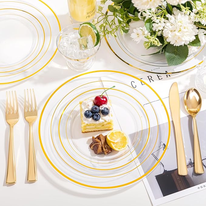 bUCLA 600PCS Clear Plates with Gold Trim - Clear Gold Dinnerware Set Disposable Include 100 Dinner/100 Dessert Plates, 100 Knives, 100 Forks, 100 Spoons, 100 Cups for Wedding, Party