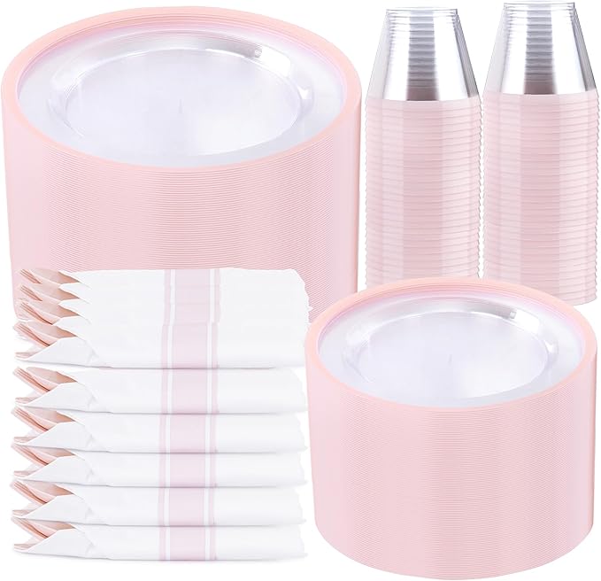I00000 350 Pcs Clear Pink Plates for 50 Guests, Pink Dinnerware Include 100 Plates, 50 Cups, 50 Pre Rolled Napkins with Cutlery Set for Party, Wedding