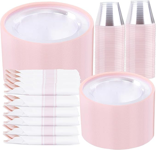I00000 350 Pcs Clear Pink Plates for 50 Guests, Pink Dinnerware Include 100 Plates, 50 Cups, 50 Pre Rolled Napkins with Cutlery Set for Party, Wedding