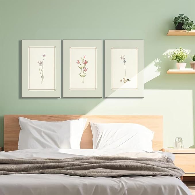 3pcs Framed Simple Vintage Floral Botanical Flower Wall Art Decor Canvas Print Natural Plant Artwork Wall Painting Poster Gallery Bedroom Living Room Office Decor 16x24 Inch Ready to Hang