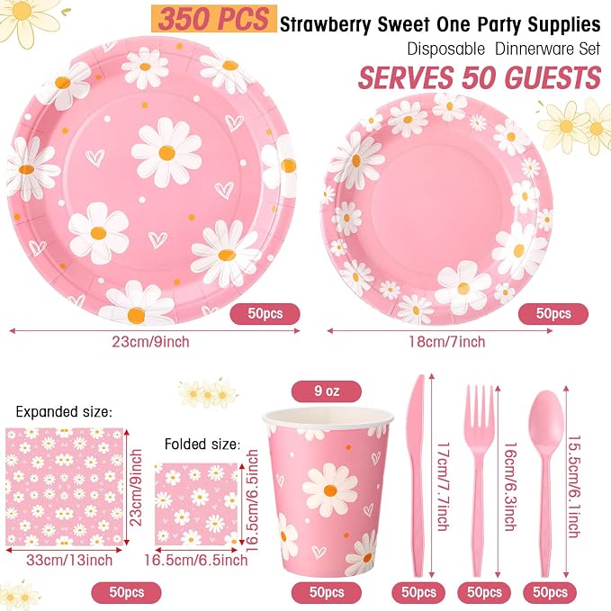 Ziliny 350 Pcs Daisy Party Supplies Tableware Set Disposable 9'' 7'' Paper Plates 9 oz Cups Cutlery Napkins Dinnerware Set for 1st Birthday, Serve 50 (Daisy Birthday, White, Pink)