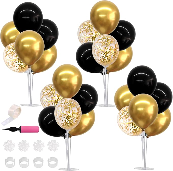 TONIFUL Graduation Decorations 2026 4 Set Black Gold Balloon Centerpieces for Table,Balloon Stand Kit for Black Gold Party Decor 40th 50th 60th 70th Birthday Decorations Anniversary Retirement
