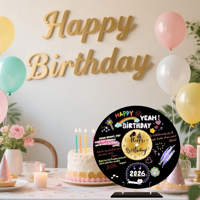 ReeGii Vinyl Record Guest Book for Birthday Decorations - Large 11.6"x11.6" Birthday Party Sign Poster with 12 Pens,Unique Keepsake Gift for Friends and Family