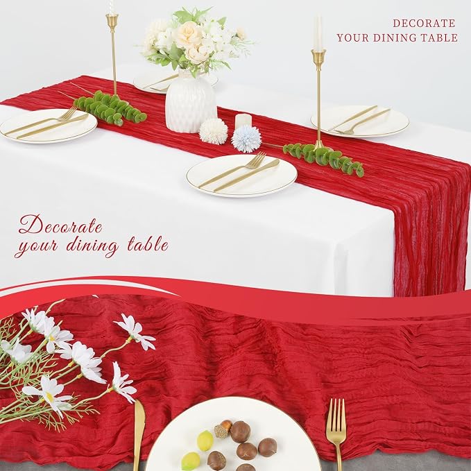 10 Pack Cheesecloth Table Runner 17 x 108 inch Long Boho Gauze Table Runners Semi Sheer Table Runner for Wedding Decor, Baby Shower, Birthday Party, Banquet (Red)