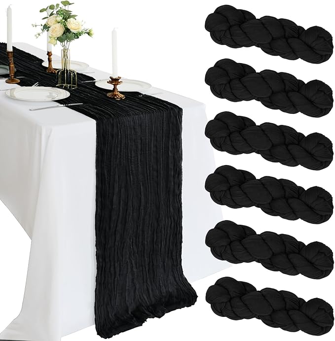 6 Pack 10FT Black Cheesecloth Table Runner 120 Inch Long Gauze Rustic Boho Spring Cheese Cloth Table Runner Sheer Fabric Decorations for Holiday Party Wedding Banquet Bridal Baby Shower Décor