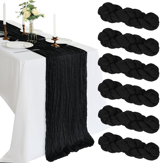 6 Pack 10FT Black Cheesecloth Table Runner 120 Inch Long Gauze Rustic Boho Spring Cheese Cloth Table Runner Sheer Fabric Decorations for Holiday Party Wedding Banquet Bridal Baby Shower Décor