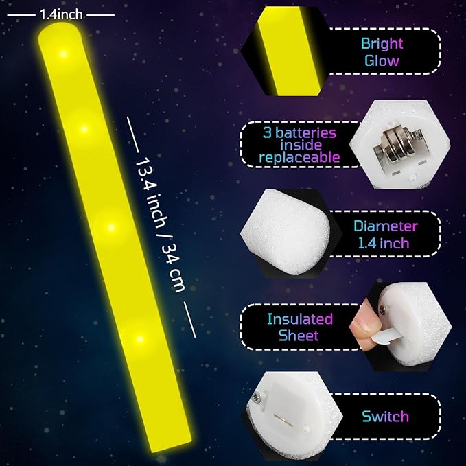 Foam Glow Sticks Bulk, 40 Pack Yellow Light Up Foam Sticks 3 Modes, Glow Party Supplies for Easter,Raves, Carnival, Concert, 4th of July, Halloween, Christmas, New Year