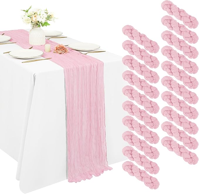 20 Pack Cheesecloth Table Runner 17 x 108 inch Long Boho Gauze Table Runners Semi Sheer Table Runner for Wedding Decor, Baby Shower, Birthday Party, Banquet (Light Pink)