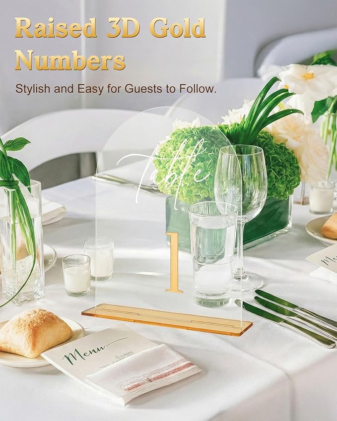 Arched Wedding Table Numbers 1-10 with Stands 5.5 x 7” Gold Number Clear Acrylic Table Numbers Signs for Wedding Reception, Anniversary, Event, Party(1-10)
