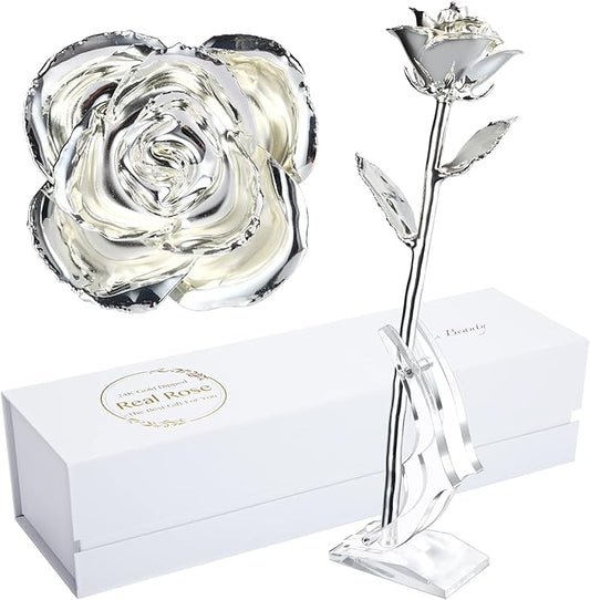 Silver Rose, Silver Dipped Rose Made from Real Rose Best Gifts and 25th for Wife, Silver with Stand