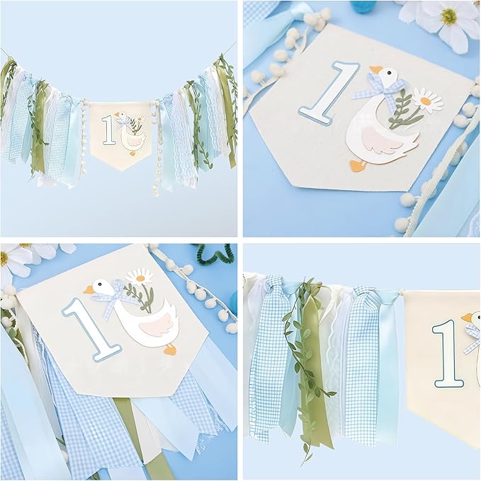 One Funny Goose High Chair Banner for Boys - Blue 1st Birthday Yarn Tassel Banner, Cute Goose Theme Decor for Boys' First Birthday Party