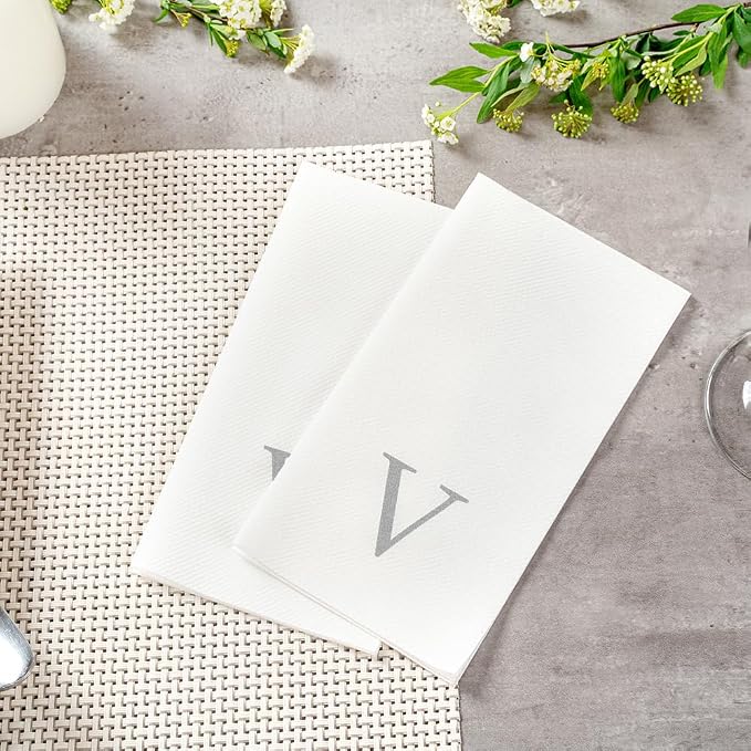 Luxenap 15.8 X 7.9 Inch Linen-Feel Guest Towels, 2000 Lettered Hand Towels - Silver Letter 'V', Sans Serif Font, White Paper Dinner Napkins, airlaid, For Restrooms And Tables - Restaurantware
