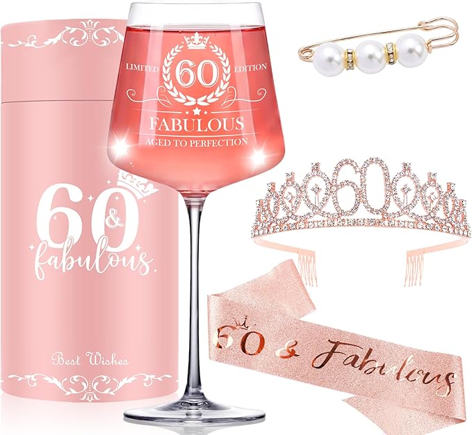60TH Birthday Gifts for Women Her,60th Birthday Sash,Crown,Rhinestone Tiara,Vintage Engraved Wine Glass,60 Year Old Birthday Decorations For Her,Women,Mom,Wife,Friends,Sister-Turning 60 Present