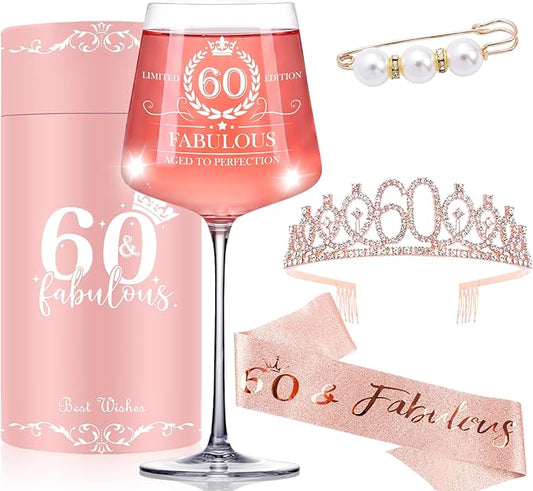 60TH Birthday Gifts for Women Her,60th Birthday Sash,Crown,Rhinestone Tiara,Vintage Engraved Wine Glass,60 Year Old Birthday Decorations For Her,Women,Mom,Wife,Friends,Sister-Turning 60 Present