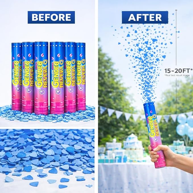 Gender Reveal Confetti Cannons – 6 Pack Blue Party Poppers – Baby Boy Gender Reveal Cannon Kit with Heart-Shaped Confetti – Easy Twist Shooters for Baby Reveal Party Decorations