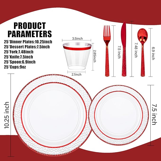 Ciaell 150 PCS Red Plastic Plates – Clear Hammered Disposable Plates with Red Rim include 50Plates, 25Forks, 25Knives, 25Spoons, 25Cups for Wedding & Party & Anniversary & Mother's Day