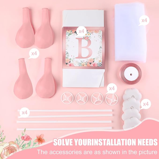 6 Set Pink Girl Tulle Tutu Balloon with Letter Boxes Baby Shower Table Centerpieces Decor for Gender Reveal 24'' Balloons White Tulle Cover with Stand, Boxes for Girl Boy Wedding Birthday Party