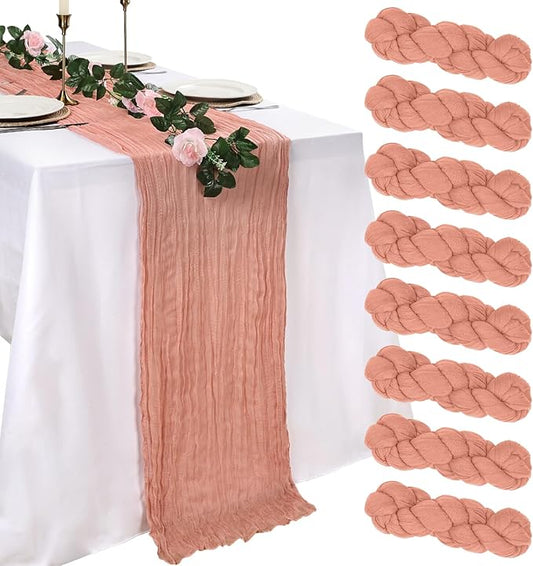 8 Pack Peach Cheesecloth Table Runner 10ft Boho Gauze Fabric 120 Inch Cheese Cloth Table Runner Rustic Sheer for Holiday Baby Shower Party Décor Home Wedding Decoration