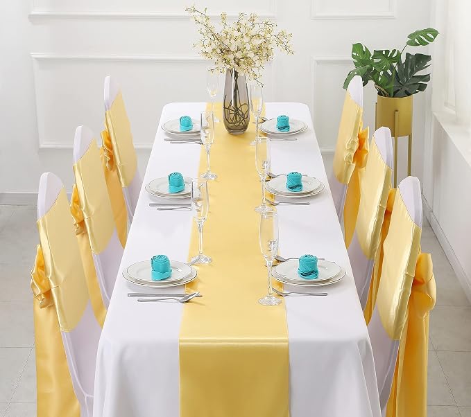 Horbaunal 24 Pack Light Gold Satin Table Runner 12 x 108 Inch, Smooth Table Runners for Wedding Banquets Birthday Party