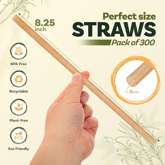 Weemium Sugarcane Straws [300 Pack] 8.25" | FSC Certified 100% Compostable Straws Disposable for Warm and Cold Drinks | Plastic-free & Biodegradable Packaging | Eco friendly made with Sugarcane Fiber