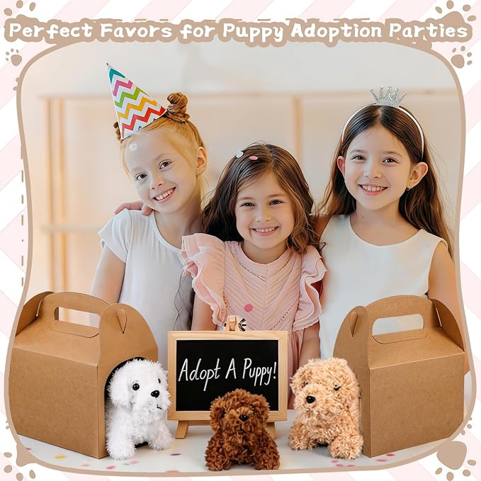 Adopt A Puppy Party Favors Mini Plush Stuffed Animals Set with 12 Plush Puppy Mini Fence Blackboard Kraft Paper Box for Adopt An Animal Themed Birthday Party
