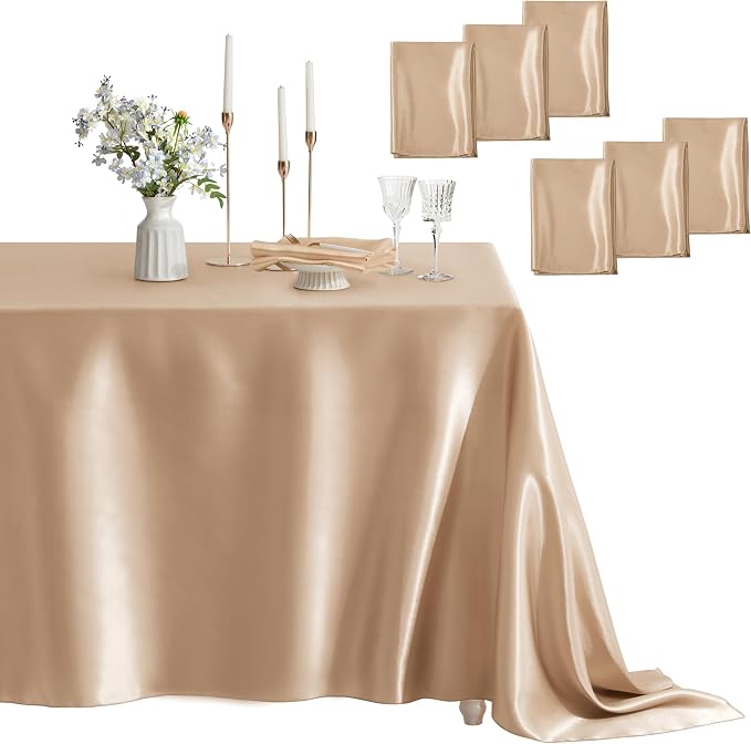 6 Pack Satin Table Cover Rectangle Silkly Soft Table Cloth, Satin Dining Table Cloths for Wedding Banquet Table Decoration, Dining Room, Indoor and Outdoor Use, 60 x 84 Inches, Taupe
