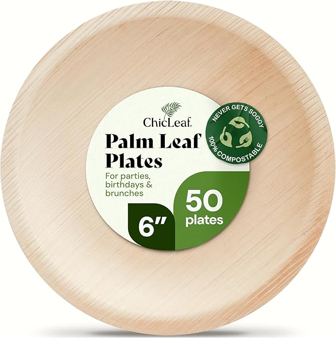 Chic Leaf 6-Inch Palm Leaf Plates, 50-Pack -Fully Compostable Disposable Appetizer and Dessert Plates, Heavy Duty Bamboo-Style Dinnerware for Weddings Parties Charcuterie and Tastings, Microwave Safe