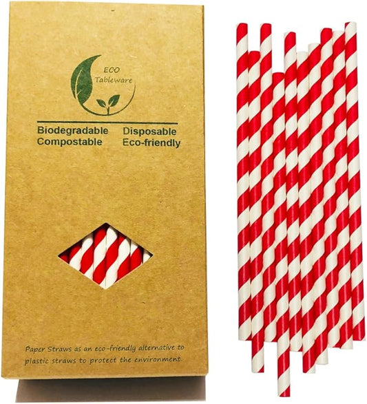 Bright Red And White Stripes Paper Straws, Biodegradable Food Grade Red Striped Barber Paper Drinking Straw For Daily Use Drinking, Coca Cola Straws (Pack of 100)