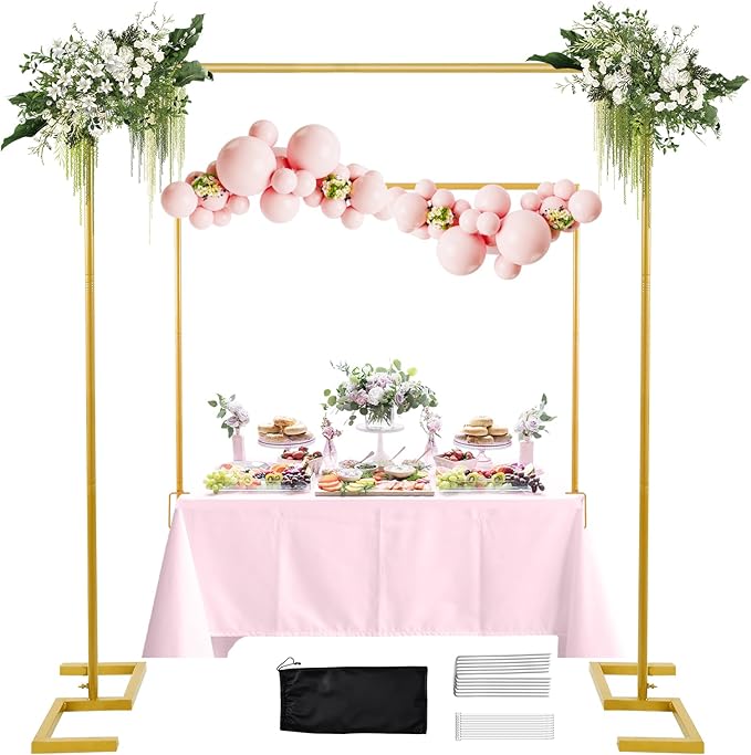 8.2FT Square Arch Backdrop Stand,Metal Gold Backdrop Stand Heavy Duty Adjustable,Extra 2 Clamps Change Over The Table Rod Stand,Wedding Balloon Arch Stand for Valentine Parties Decoration